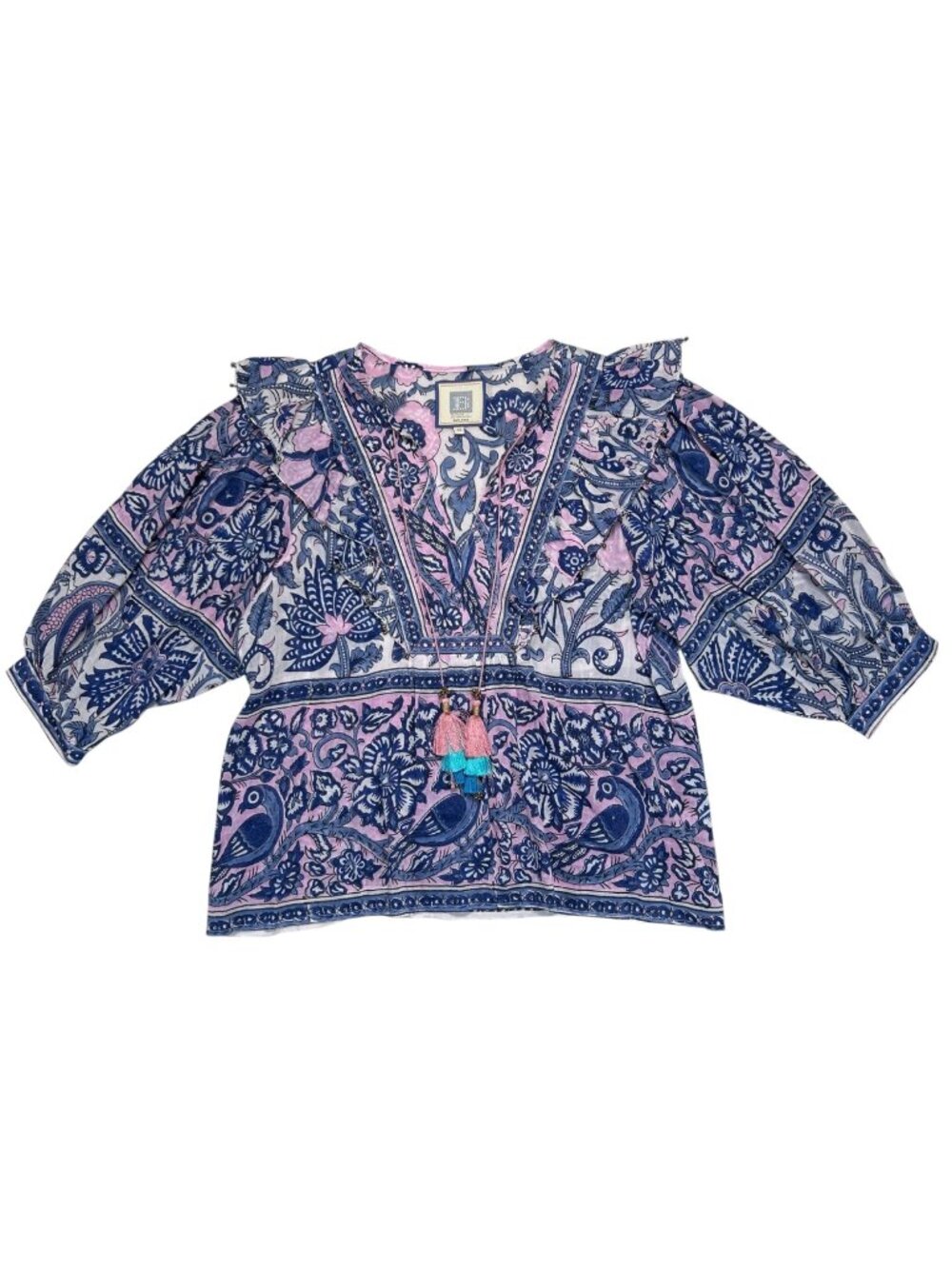 Bell Stella Top Medium Cotton Silk Tassel Boho Puff Sleeve Top Shirt Lightweight